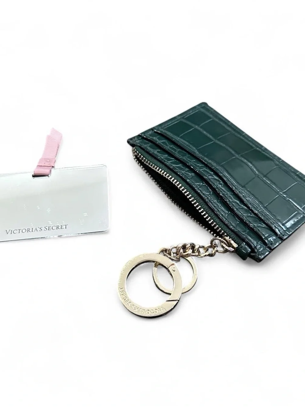 Victoria's Secret Green Croc-Embossed Card Holder Keychain with Mirror